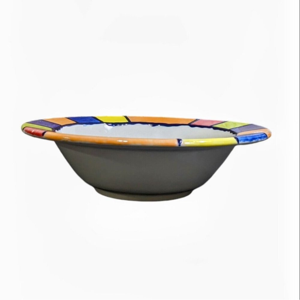 Vintage 1999 Hand Painted Serving Bowl Rimmed 11" Signed Sims Bold Rainbow - Picture 2 of 8